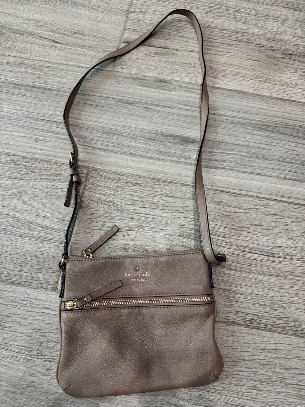 kate spade taupe leather crossbody with gold hardware